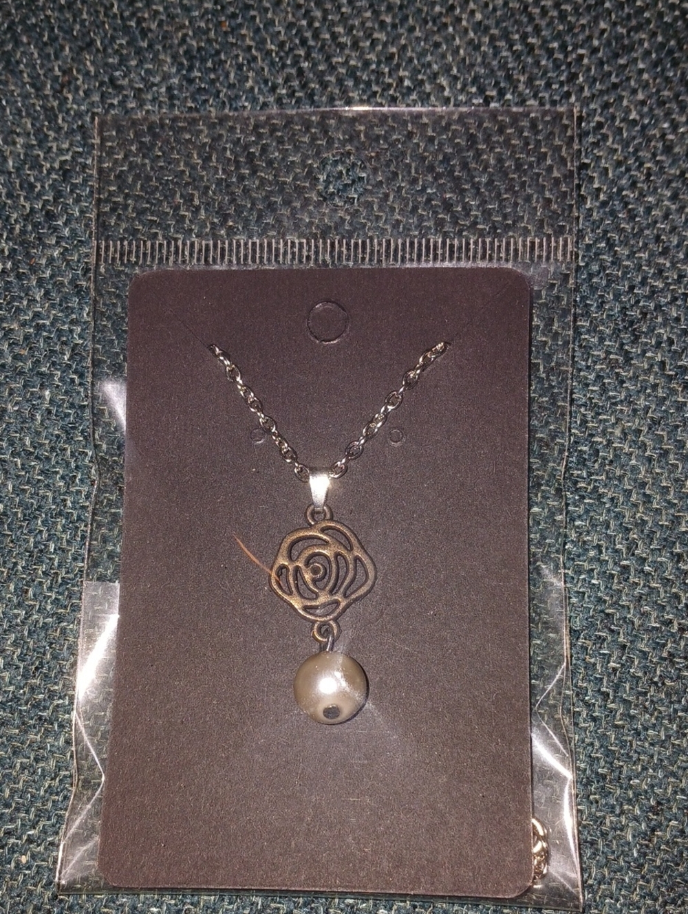 Silver Rose Pendant Necklace with Pearl Accent